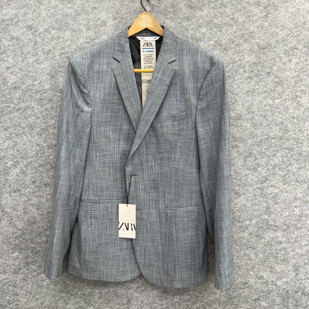 ZARA Blazer Men's Sport Coat Suit Jacket, 2 Buttons Vented, Silver Gray, 52, NEW